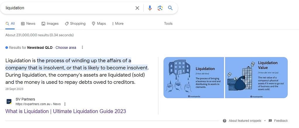 A screenshot of our client's featured snippet on the search liquidation
