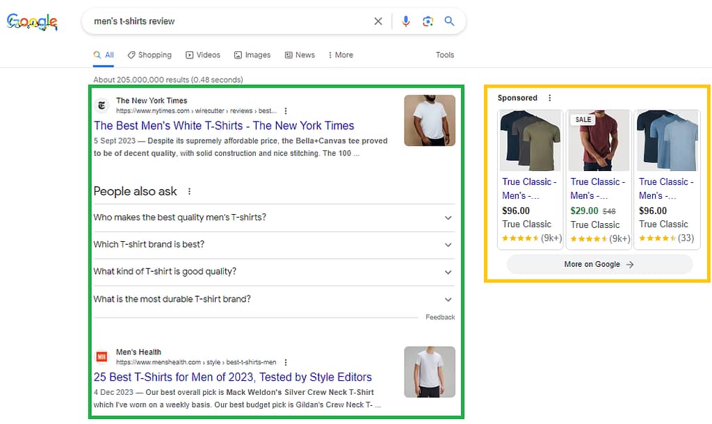 Example of men's tshirts as Google Shopping Ads on the side of Search Results