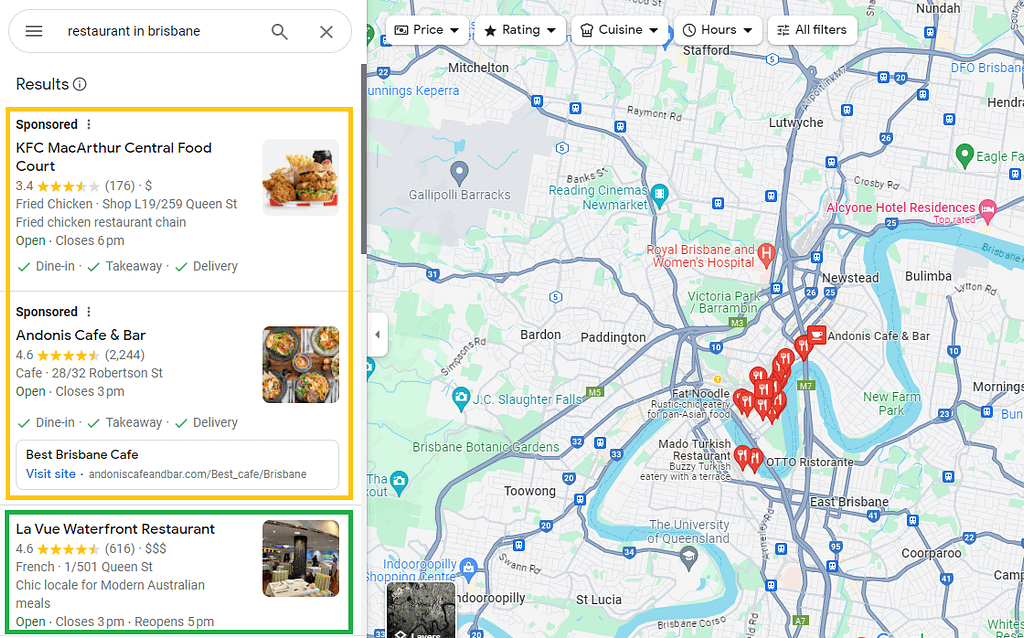 Example of Google Paid Ads in Google Maps