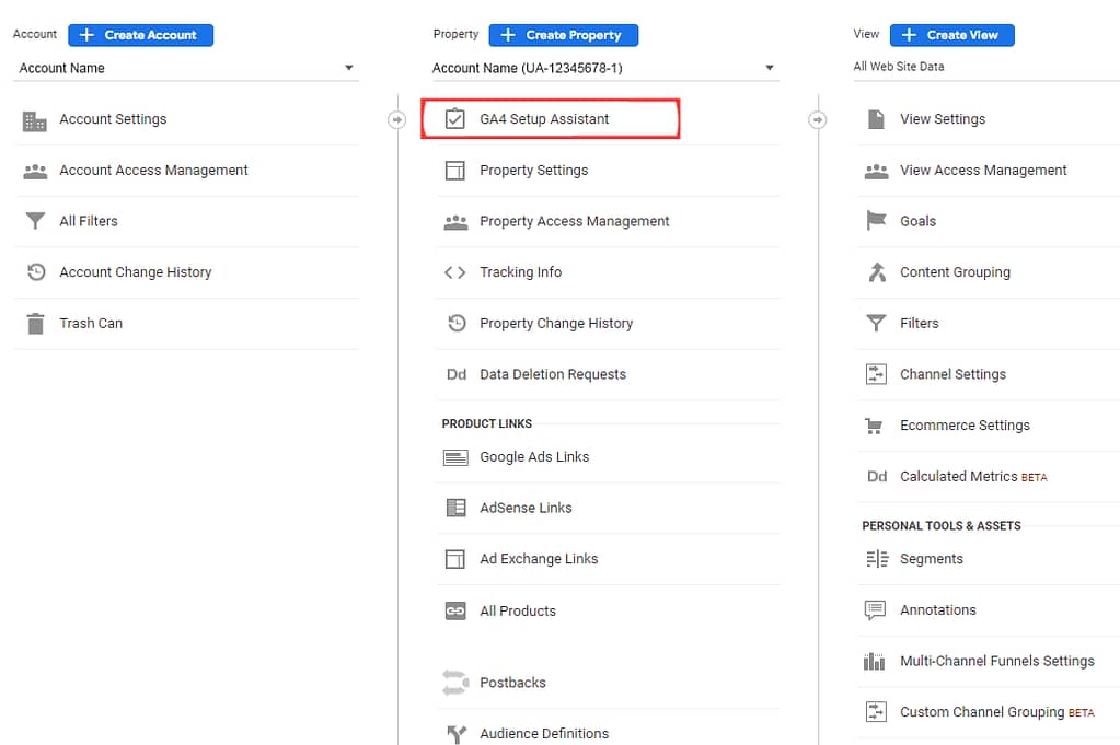 Screenshot of Google Analytics 4 setting section highlighting the GA4 Setup Assistant
