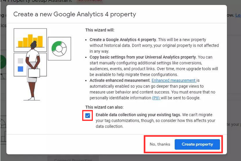 Screenshot of the setup wizard for the Google Analytics 4 setup assistant