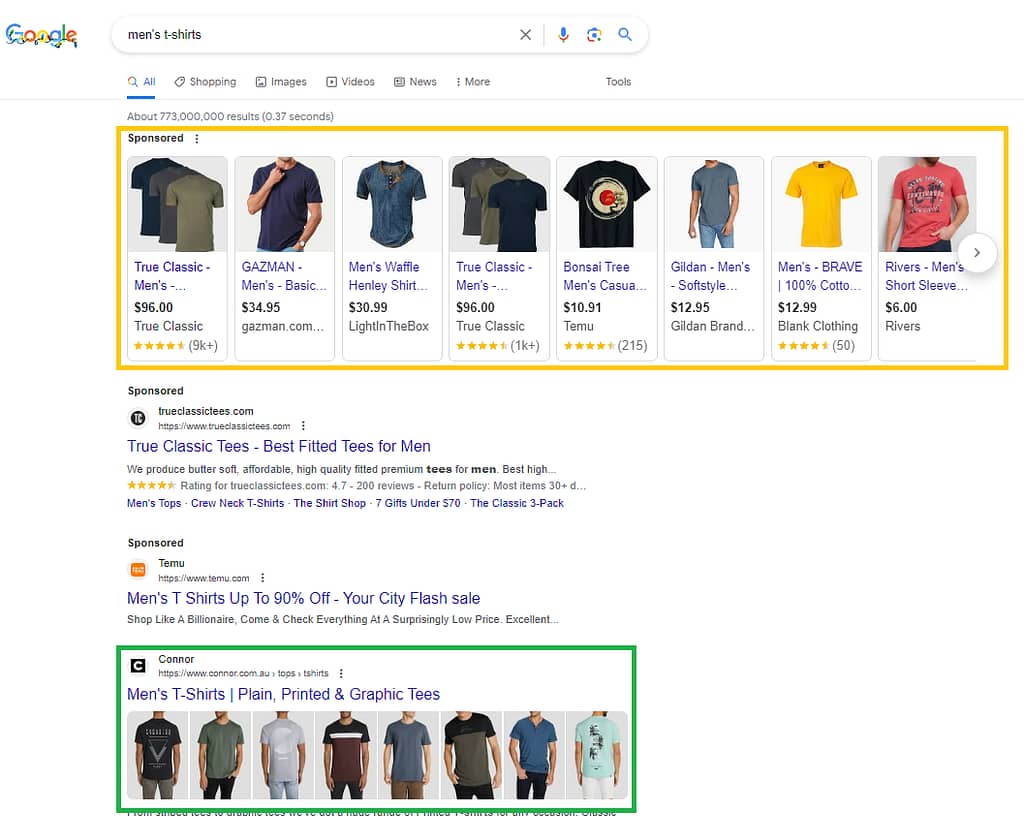 Example of men's tshirts as Google Shopping Ads spread within Search Results