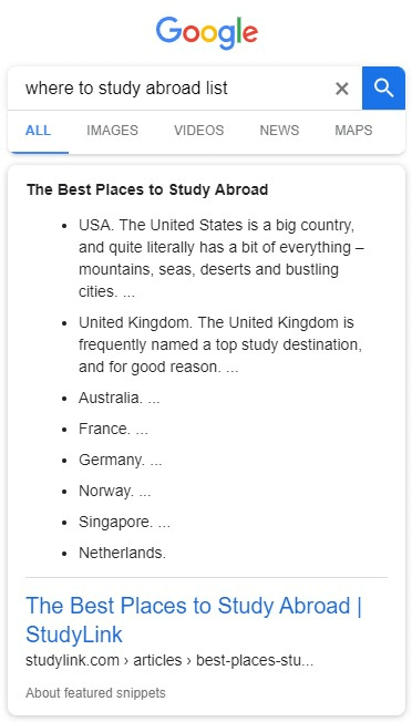 A screenshot of a search on Google of where to study abroad