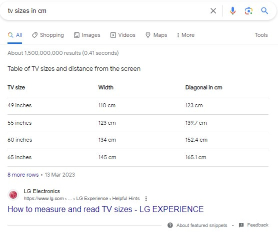 A screenshot of a table featured snippet of tv sized in centremetres