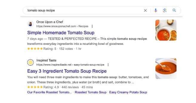 Example of tomato soup recipe in Google Search