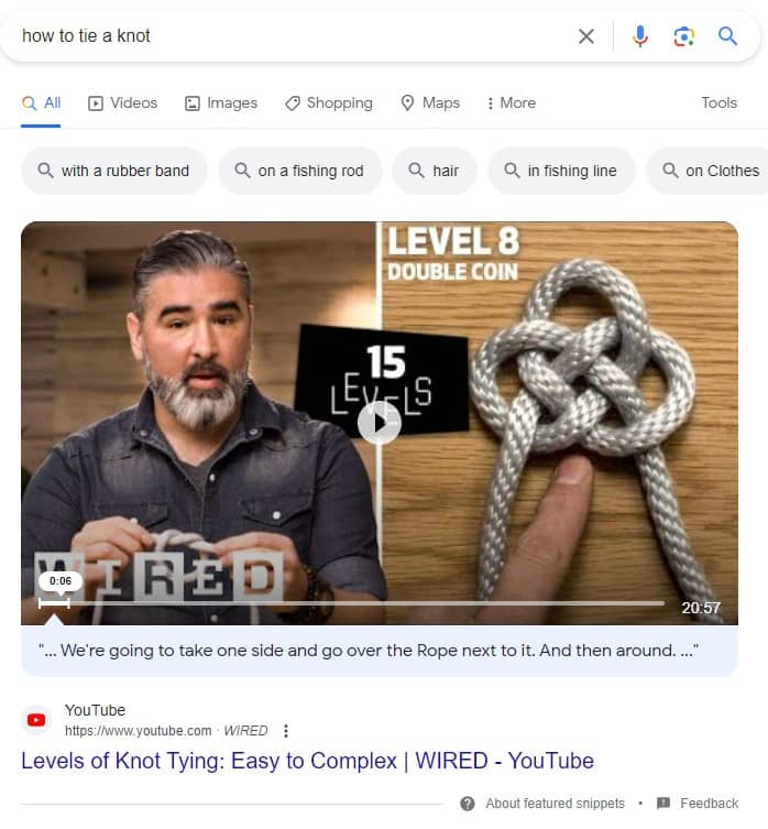 A video featured snippet of a search on how to tie a knot