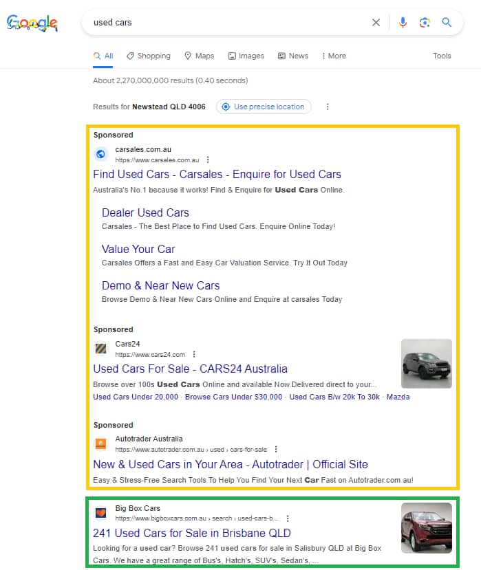 Example of Google text paid ads in Search