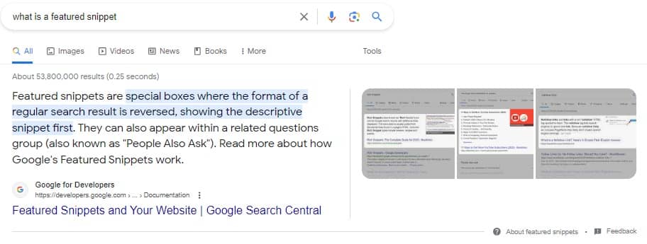 A screenshot of a text based featured snippet answering a question what is a featured snippet