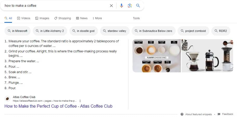A screenshot of an ordered list featured snippet on how to make a coffee
