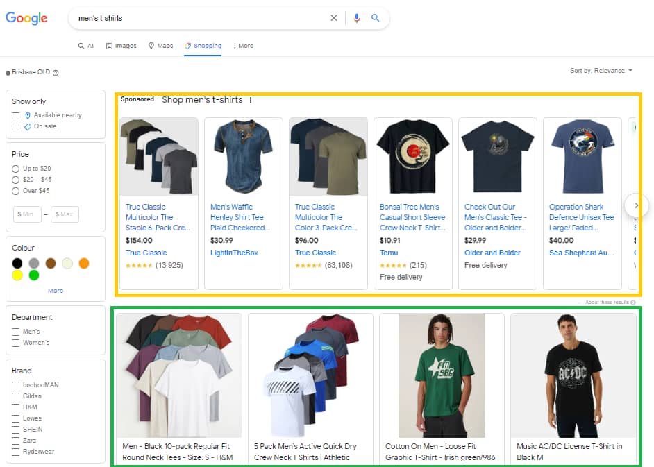 Example of men's tshirts as Google Shopping Ads in Search